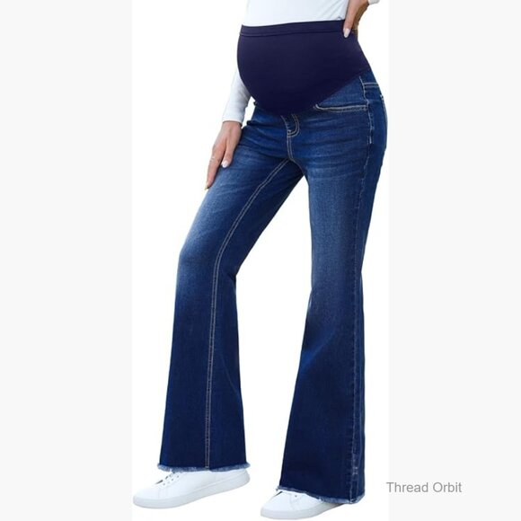Denim - Maternity Flare Jeans Over Belly Panel Comfy Pregnancy Denim Pants